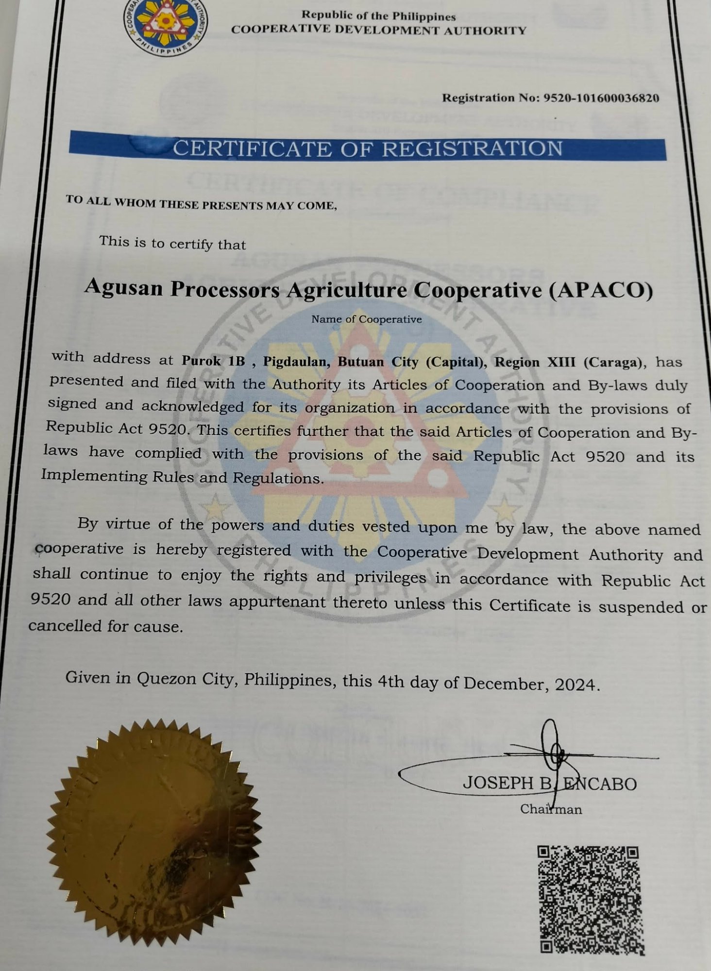 CDA Certificate of Registration